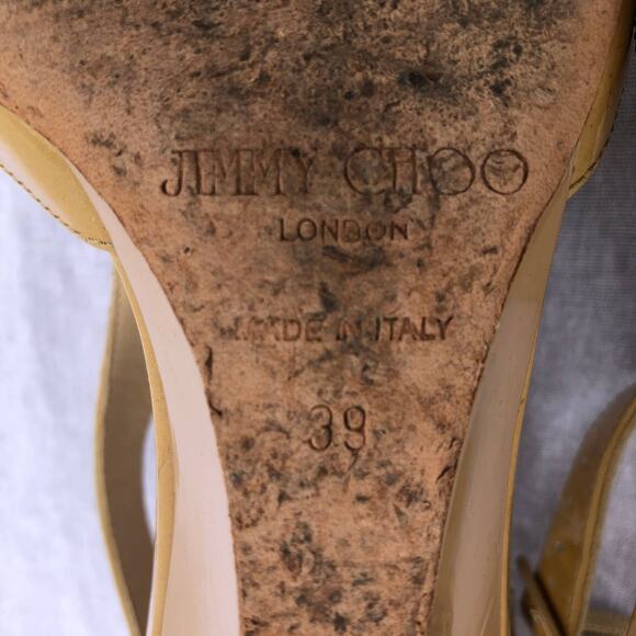 Jimmy Choo Shoes Tan Patent Leather T Strap Wedge Sandal Made in Italy Flawed 39 - Picture 8 of 14